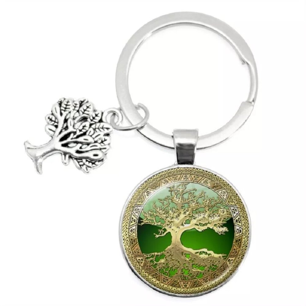 Silver Gold Green Tree of Life Bohemian Art Pendant Circle Key Ring Key Holder